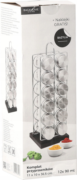 PRZYPRAWNIK PROSTOKĄTNY 11 x 10 x 36,5 CM Z RĄCZKĄ 12 SŁOICZKÓW SREBRNO-CZARNY *9196