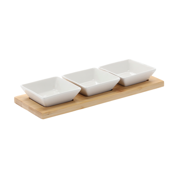 KPL. DO SERWOWANIA PRZYSTAWEK - 3 MISECZKI KWADRATOWE PORCELANOWE Z BAMBUSOWĄ DESKĄ 28x10x3CM *7231