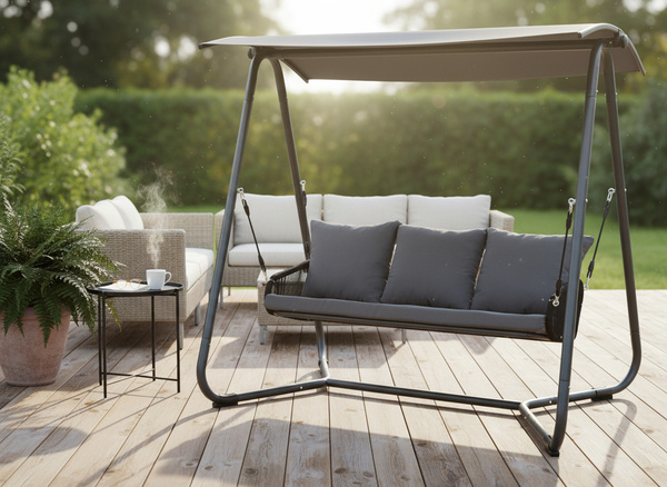 HUŚTAWKA OGRODOWA Z PLECIONYMI PODŁOKIETNIKAMI 180 x 139 x 185 CM ANTRACYTOWA PREMIUM