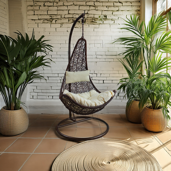 FOTEL WISZĄCY CIEMNY BRĄZ, PODUSZKA - KREM , RAMA - CIEMNY BRĄZ, POŁÓWKA