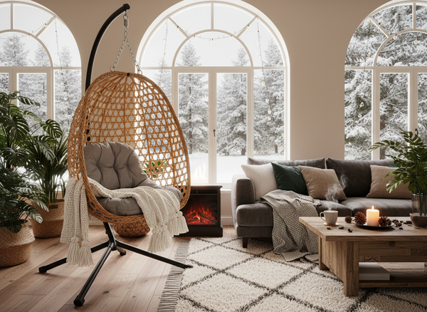 FOTEL WISZĄCY SKŁADANY FARON - NATURALNY, SZARA PODUSZKA, CZARNA RAMA