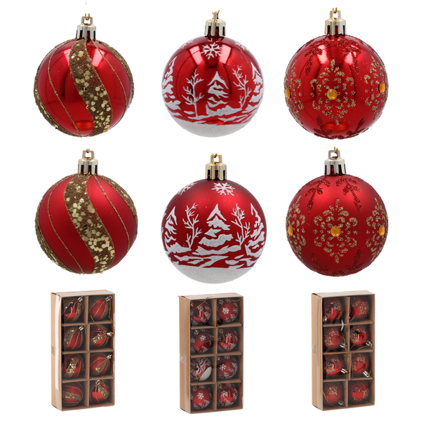 SET OF 8 CHRISTMAS BAUBLES RED 6 CM