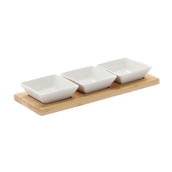 SET PENTRU SERVIRE APERITIVE - 3 BOLURI PATRATICE DIN PORȚELAN CU PLACĂ DIN BAMBUS 28x10x3CM *7231