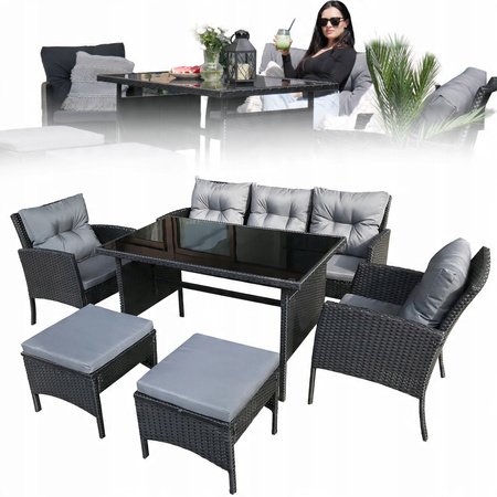 ZESTAW MEBLI RATTANOWYCH (SOFA, 2 KRZESŁA, 2 PUFY, STOLIK) - CZARNY, PODUSZKI - SZARY *7541