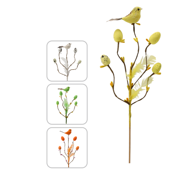 OZDOBA WIELKANOCNA NA PIKU - GAŁĄZKA Z PTASZKIEM I JAJKAMI 24 CM MIX 4 KOLORÓW *9571