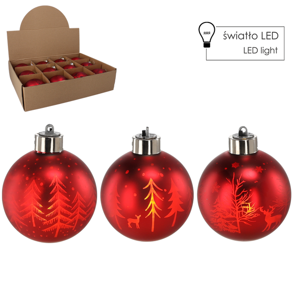 SKLENĚNÁ OZDOBY - ČERVENÁ 8 CM VÁNOČNÍ STROMEČEK LED MIX VZORŮ disp=12ks *4242