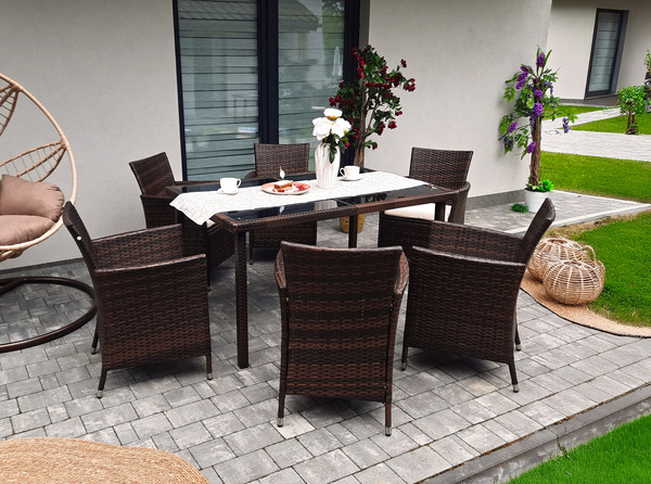 RATTAN FURNITURE SET (TABLE + 6 CHAIRS) BROWN + BEIGE PILLOWS