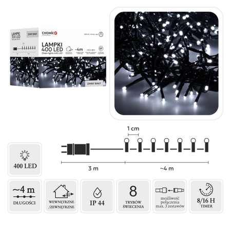 LAMPKI LED CLUSTER 400L ZIMNY BIAŁY, DŁ. 3 + 4 M WEWN/ZEWN *8158