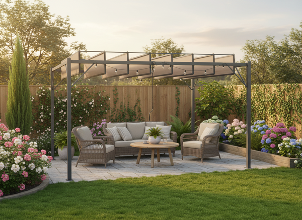 PERGOLA OGRODOWA Z RUCHOMYMI LAMELAMI Z POLIWĘGLANU 3 x 4 M BRĄZOWA