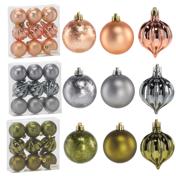 SET OF 9 BAUBLES 6 CM OLIVE/COPPER/GRAPHITE MIX DESIGNS