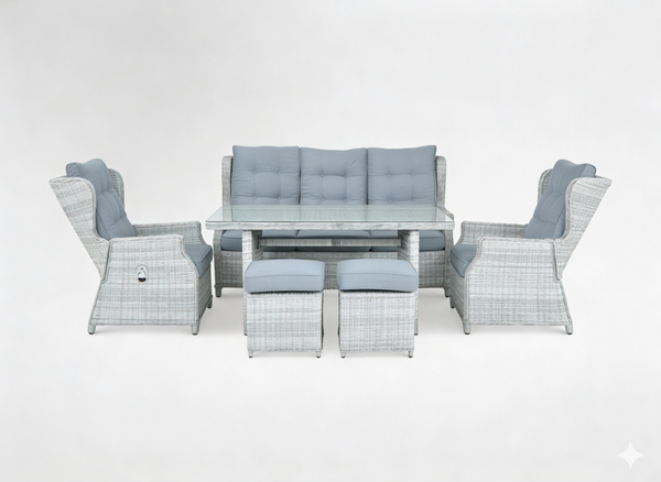 ZESTAW MEBLI OGRODOWYCH ALUMINIOWYCH RATTANOWYCH (SOFA + STÓŁ + 2 FOTELE + 2 PUFY) SZARY + SZARE PODUSZKI