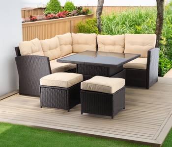 ZESTAW MEBLI RATTANOWYCH ( SOFA NAROŻNA + 2 PUFY + STOLIK Z REGULOWANĄ WYS.) BRĄZOWY + KREMOWE PODUSZKI *8205