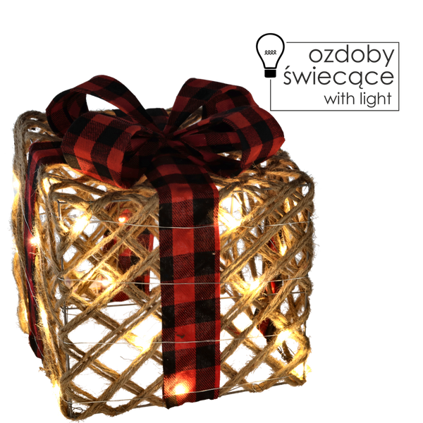 VÁNOČNÍ OZDOBA - DÁREK S JUTOVOU MAŠLÍ 25 CM LED *1277