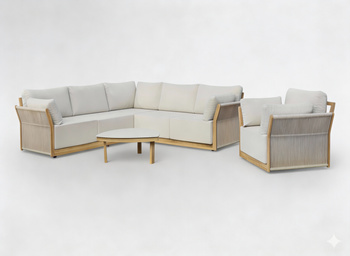 ZESTAW MEBLI OGRODOWYCH ALUMINIOWYCH (SOFA NAROŻNA + STÓŁ + FOTEL) BEŻOWY + BEŻOWE PODUSZKI