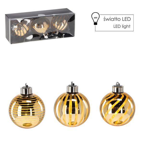 Sada 3 sklenených ozdôb - zlaté 8 cm LED *4365
