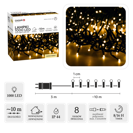 LED CLUSTER SVETLÁ 1000L TEPLÁ BIELA, DĹ. 3 + 10 M VNÚTRA/EXTERIÉR *8202