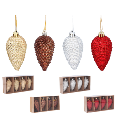 SET DE 4 DECORAȚIUNI DE CRĂCIUN - CONE 9 CM ROȘII, ARGINTII, AURII, MARO *9747