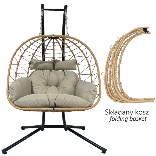 FOTEL WISZĄCY PODWÓJNY SKŁADANY LUVO BRĄZOWY, PODUSZKA - JASNY SZARY, RAMA - CZARNA