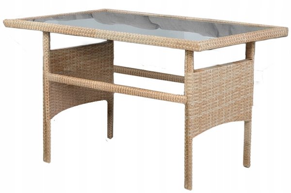 ZESTAW MEBLI RATTANOWYCH "BERNO" (SOFA NAROŻNA + 2 PUFY + STÓŁ) BEŻOWY + SZARE PODUSZKI