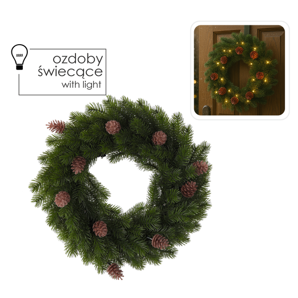 Vianočný veniec LED 40 cm 40 L zelený s osvetlenými šiškami na batérie *9669