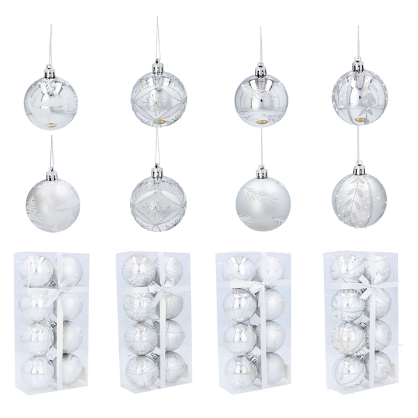 SET OF 8 CHRISTMAS BAUBLES 6 CM SILVER MIX DESIGNS