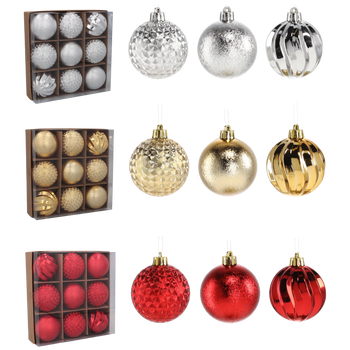 SET OF 9 BAUBLES 6 CM RED/GOLD/SILVER