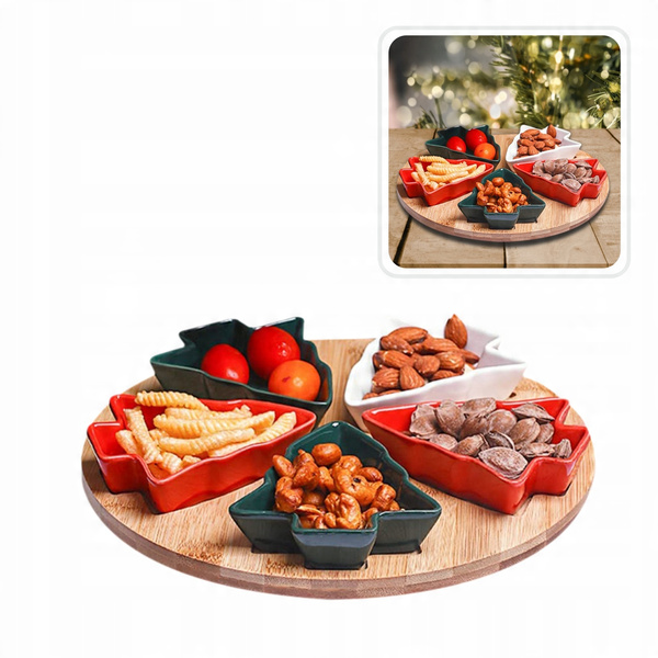 SET FOR SERVING APPETIZERS - 5 TREE-SHAPED BOWLS WITH BAMBOO BOARD