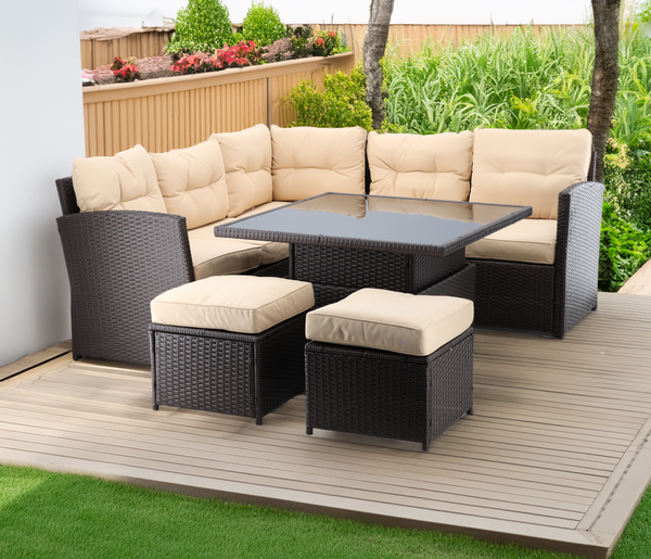 SET OF GARDEN FURNITURE (CORNER SOFA, 2 STOOLS, TABLE) - BROWN, CUSHIONS - BRIGHT