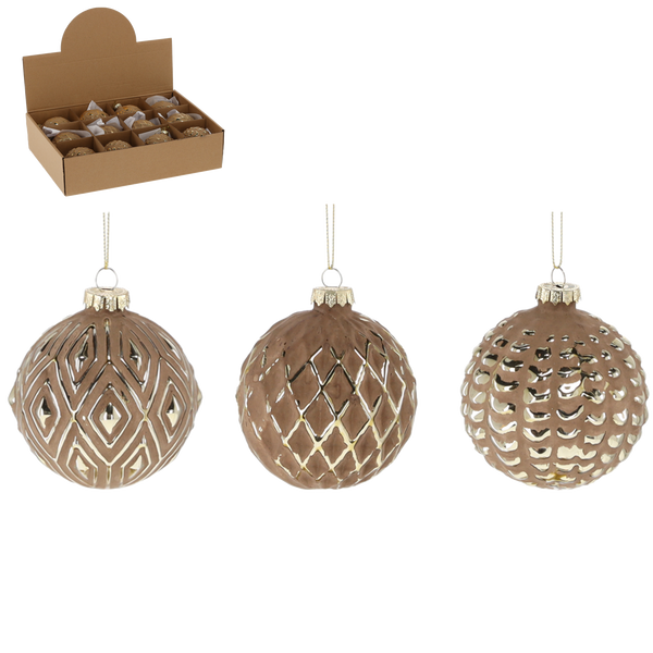 BOMBKA SZKLANA FI 8 CM BRĄZOWA ZDOBIONA MIX WZORÓW disp=12szt *2607