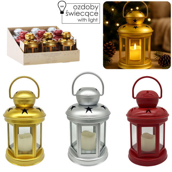LAMPION Z WKŁADEM LED 10 x 10 x 19 CM - SREBRNY / ZŁOTY / CZERWONY disp=9szt *9379