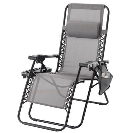 FOLDING GARDEN SUN LOUNGER WITH BASE, POCKET AND HEADREST GREY