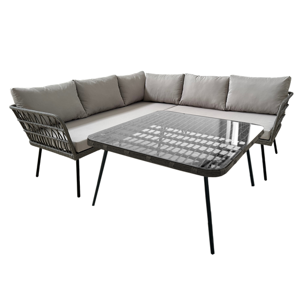 SADA ZAHRADNÍHO NÁBYTKU (ROHOVÁ SOFA, STOLÍK) - ŠEDÁ, POLŠTÁŘE - ŠEDÉ *3385