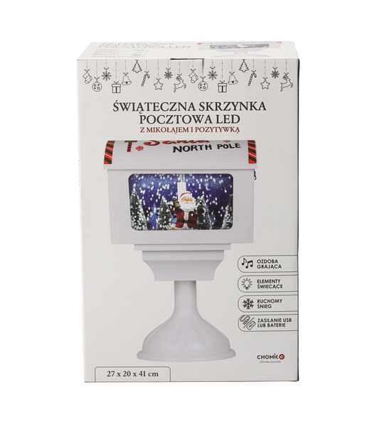 ŚWIĄTECZNA SKRZYNKA POCZTOWA 27 x 20 x 41 CM Z POZYTYWKĄ LED - BIAŁA - Z MIKOŁAJEM *3542