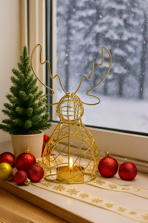 METAL TEALIGHT CANDLE HOLDER GOLD - REINDEER 21 CM