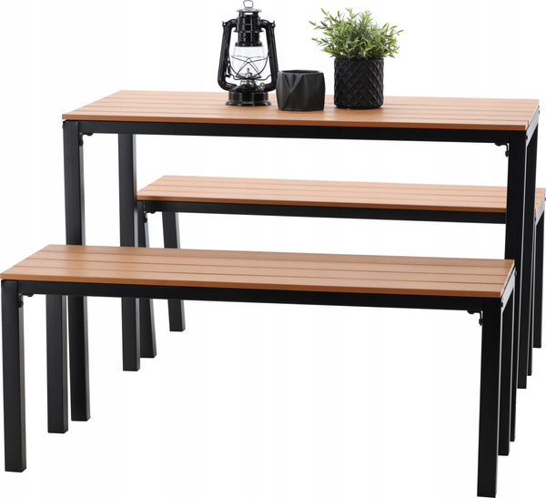 ZESTAW MEBLI OGRODOWYCH STÓŁ 110 x 58.5 x 75.5 CM + 2 ŁAWKI 110 x 39 x 45 CM BRĄZOWY *0858