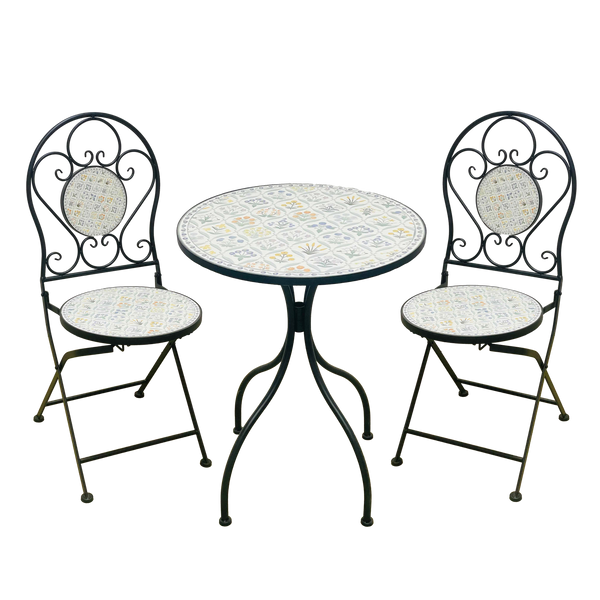 ZESTAW MEBLI OGRODOWYCH METALOWYCH MOZAIKA "LOULOUDIA" STÓŁ + 2 KRZESŁA