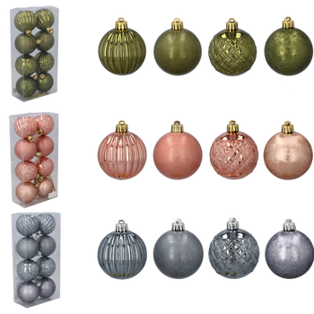 SET OF 8 BAUBLES 6 CM OLIVE/COPPER/GRAPHITE MIX DESIGNS