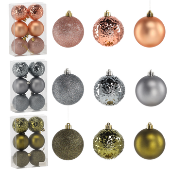 SET OF 6 BAUBLES 7 CM OLIVE/COPPER/GRAPHITE MIX DESIGNS