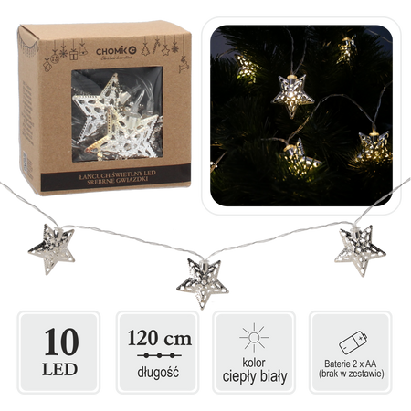 ŁAŃCUCH ŚWIETLNY LED SREBRNE GWIAZDKI 10 L CIEPŁY BIAŁY *0979