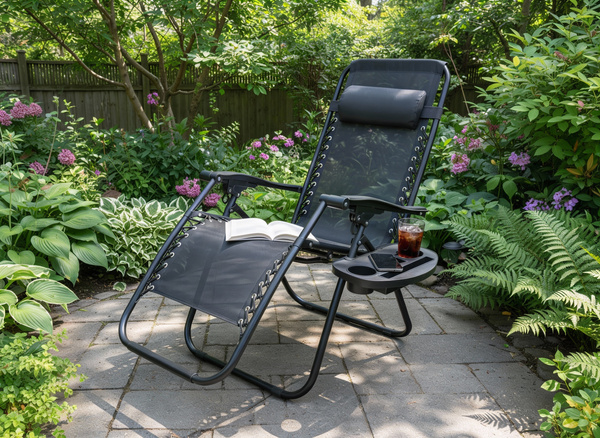 LEŻAK OGRODOWY SKŁADANY Z PODSTAWKĄ, KIESZONKĄ I ZAGŁÓWKIEM CZARNY