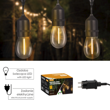 GORLANDA DE GRĂDINĂ CU TELECOMANDĂ 24 V L. 3 + 15 M FILAMENT 15 LED CALD ALB *6242