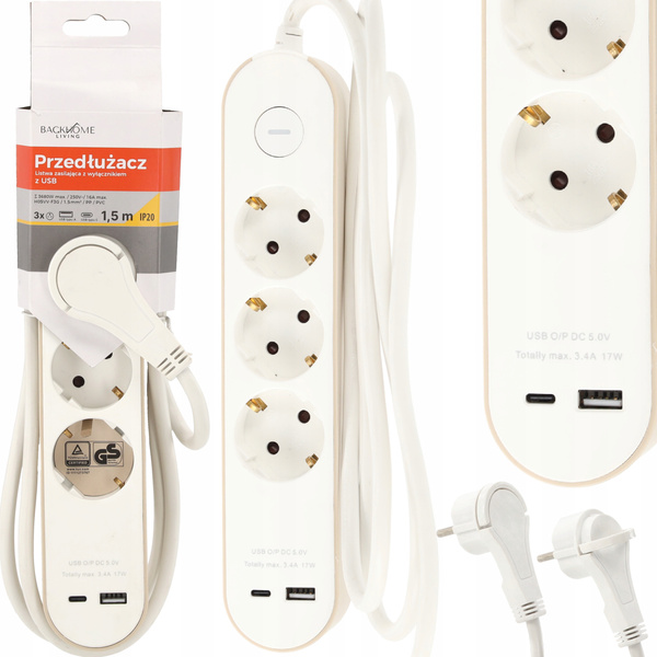 Prodlužovací kabel s vypínačem 3 zásuvky 230V a 2 USB zásuvky 1,5 m bílý *2585