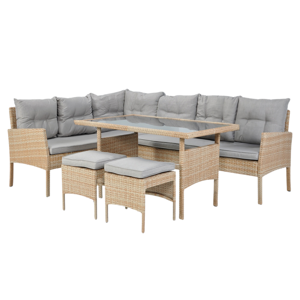 RATTAN FURNITURE "BERNO" SET (CORNER SOFA + 2 STOOLS + TABLE) BEIGE + GREY CUSHIONS