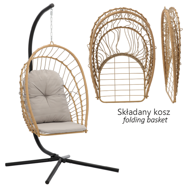 FOTEL WISZĄCY SKŁADANY ERIS BRĄZOWY, PODUSZKA - SZARA, RAMA - CZARNA