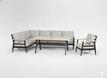 ZESTAW MEBLI OGRODOWYCH ALUMINIOWYCH (SOFA NAROŻNA + STÓŁ + FOTEL) BEŻOWY + BEŻOWE PODUSZKI