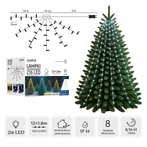 LAMPKI LED Z PIERŚCIENIEM 1,8 M 216L ZIMNY BIAŁY WEWN/ZEWN *8059