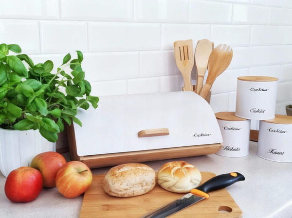 CHLEBAK AGLIO - BAMBUSOWY Z POKRYWĄ METALOWĄ 36,5 x 25 x 13 CM BIAŁY MAT + 3 POJEMNIKI 11,5x11,5x12 CM *4942