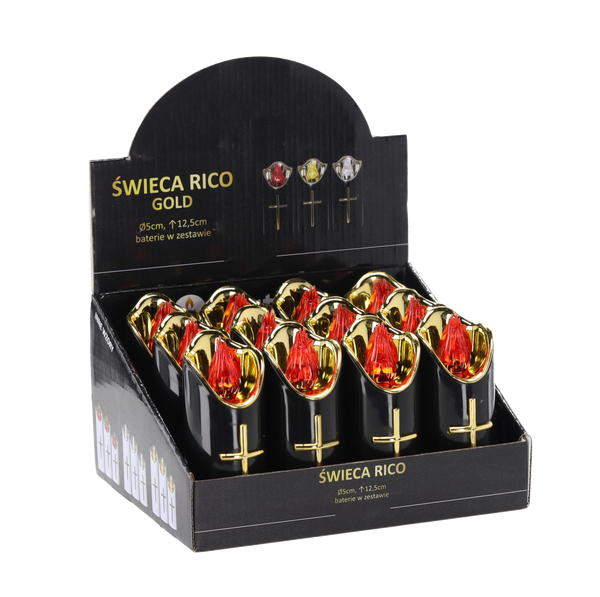 LED CANDLE RICO 12.5CM WITH BATTERIES BLACK+GOLD RED FLAME*7989