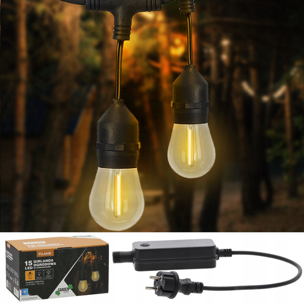ZÁHRADNÁ GIRLANDA S OVLÁDACOM 12 V DĹŽKA 0,6 + 14,4 M FILAME 15 LED TEPLÁ BIELA S DRŽIAKMI *1267