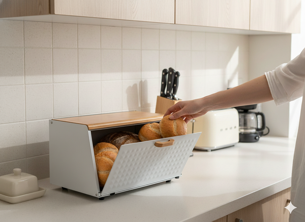 CHLEBAK HIBISCO - EMALIOWANY Z POKRYWĄ BAMBUSOWĄ 35,5 x 17 x 19,5 CM BIAŁY